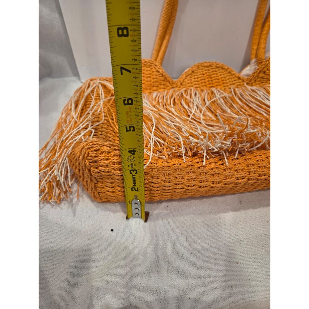 Orange Straw Fringe Tote Bag Scalloped Boho Beach Resortwear - Picture 6 of 7